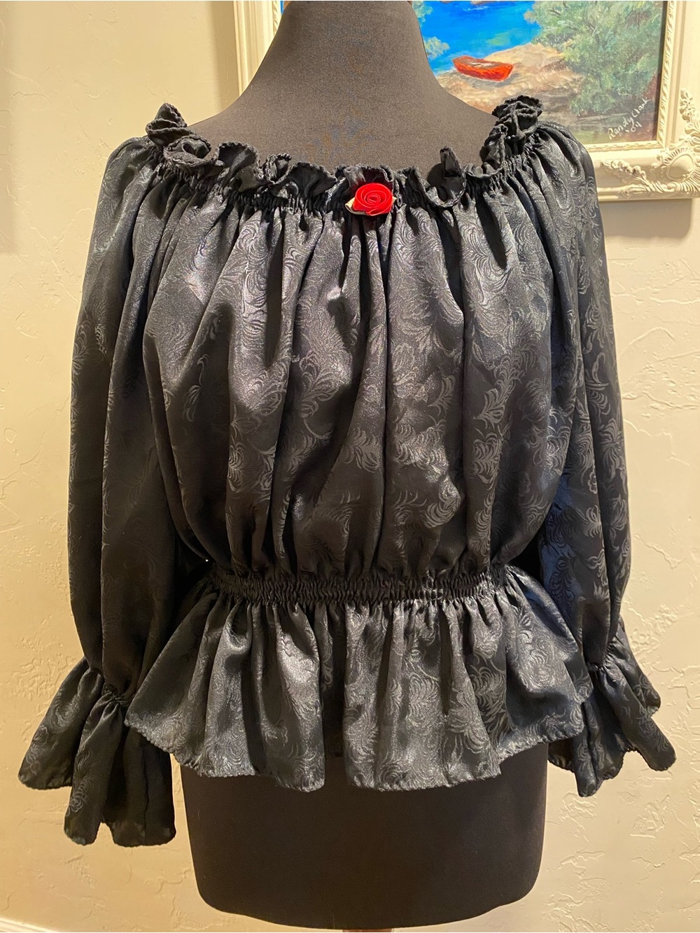 Womens Off-Shoulder Black Peasant Top with Red Rose Accent